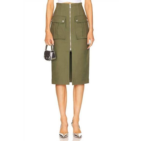 Veronica Beard Stone Army Green Dallas Zip Front Cargo Midi Skirt Size 8 - Picture 1 of 7